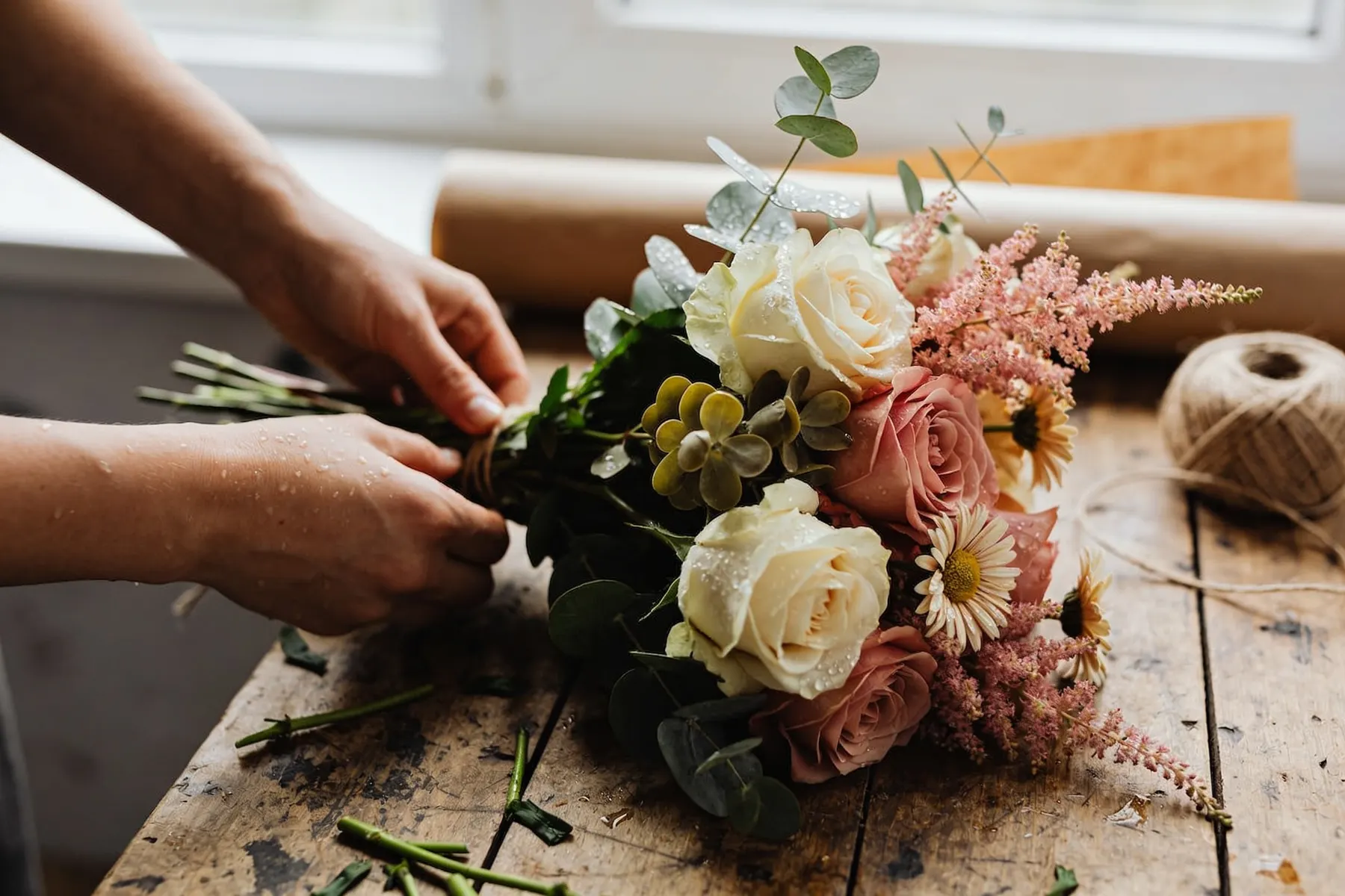 Hände binden auf einer Holzwerkbank einen lockeren Strauß aus cremefarbenen Rosen, rosa Astilben und Eukalyptus.