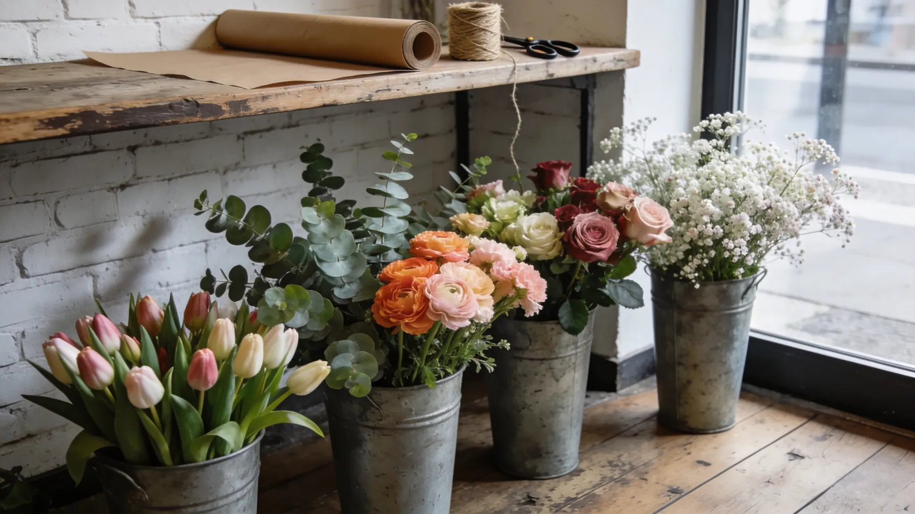 Blick in einen Blumenladen: Zinkeimer mit Tulpen, Rosen und Eukalyptus vor einer weiß gestrichenen Backsteinwand, daneben eine Holztheke mit Packpapier und Bindegarn.