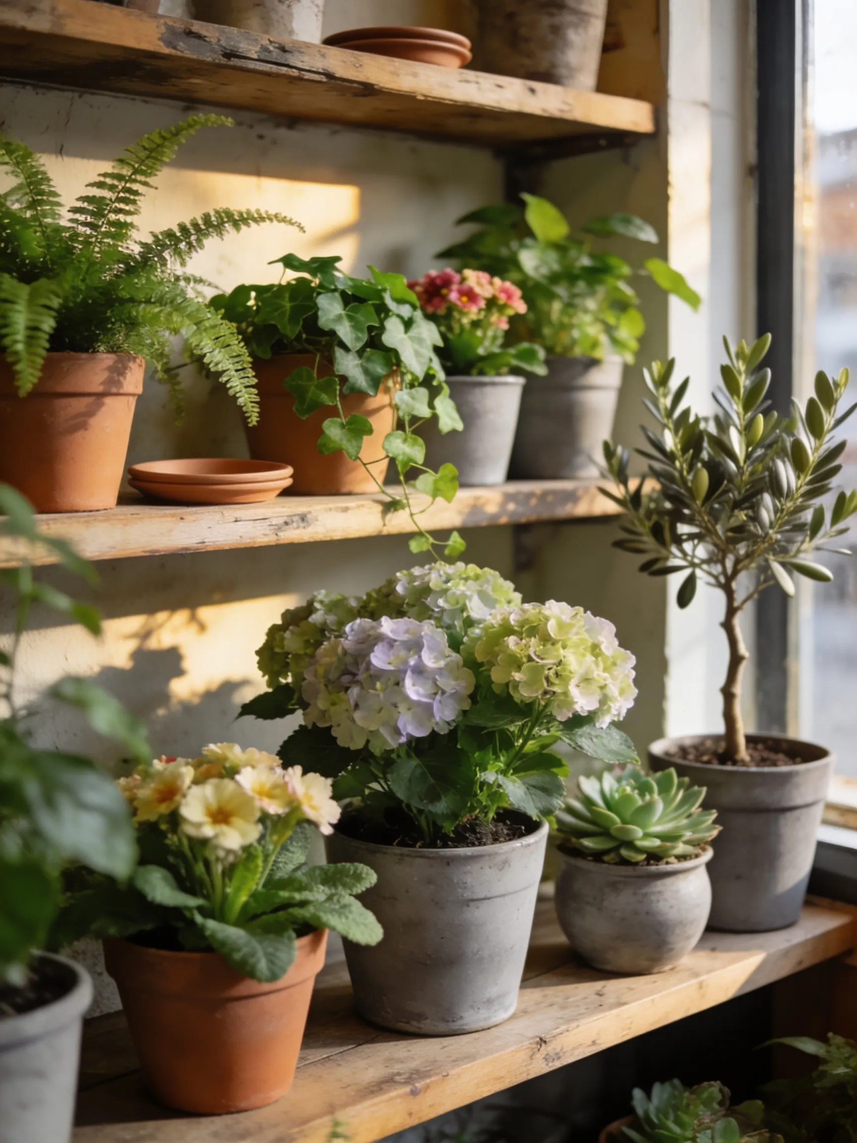 Holzregal in einem Blumenladen mit Topfpflanzen: Farn, Efeu, Hortensie, Primeln, ein kleiner Olivenbaum und Sukkulenten in Ton- und Keramiktöpfen.