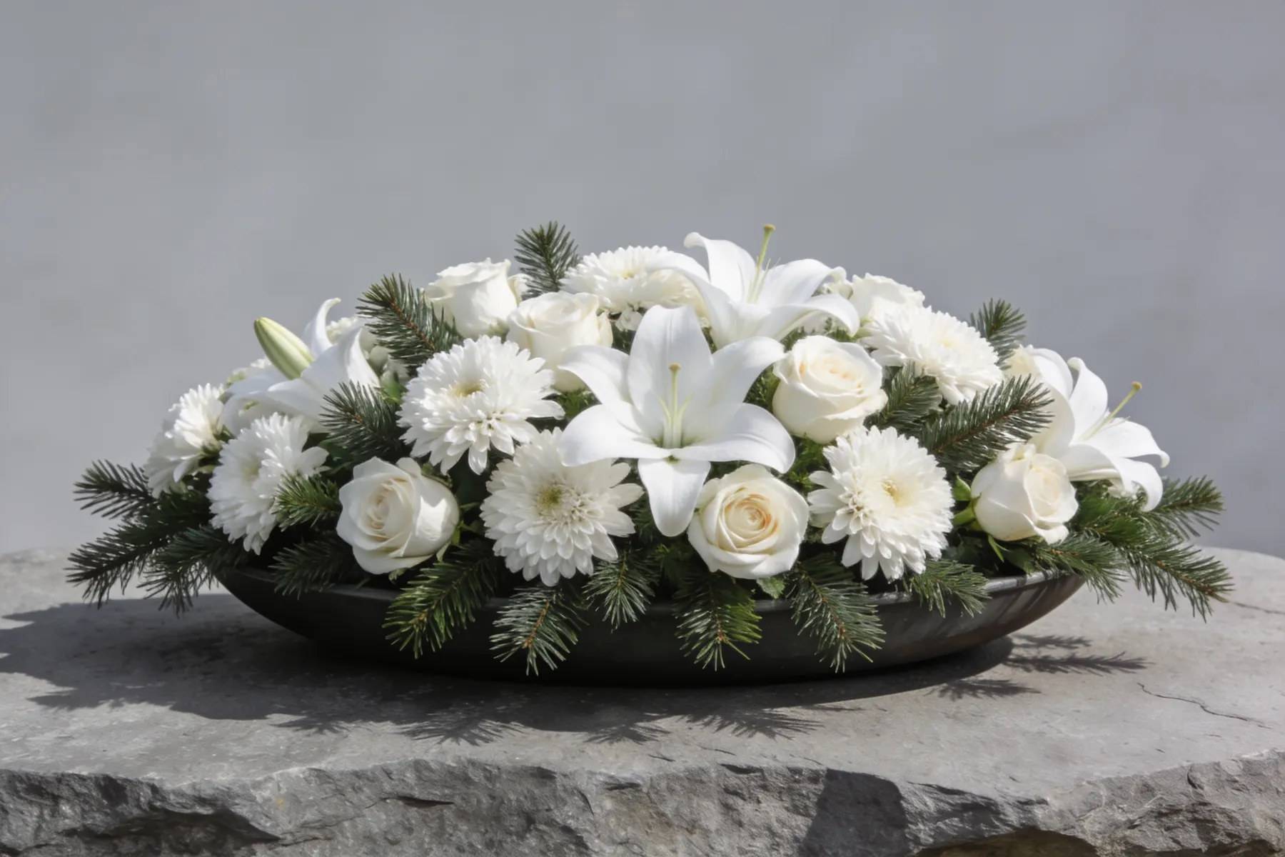 Trauergesteck in Weiß und Grün aus Rosen, Chrysanthemen und Lilien mit Tannengrün, auf einer grauen Steinfläche.