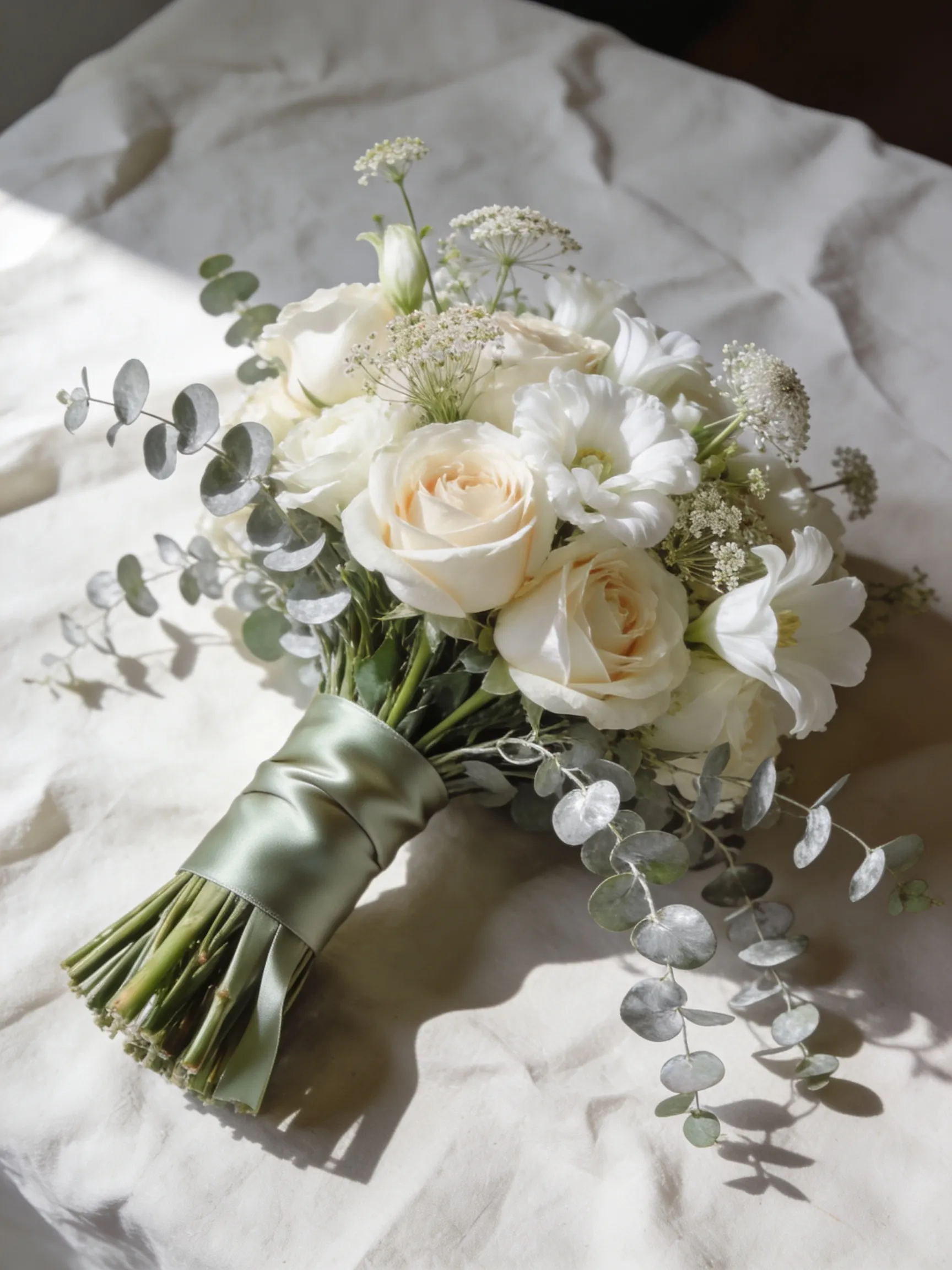 Brautstrauß aus weißen Rosen, Lisianthus und Eukalyptus, mit einem salbeigrünen Seidenband gebunden, auf hellem Leinen liegend.